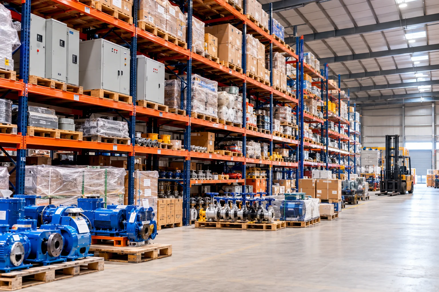 Organised industrial warehouse with stocked goods, pumps, valves and project equipment